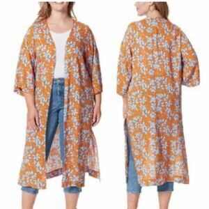 Jessica Simpson Orange and Blue Floral Kimono Boho Open Duster Cardigan Coverup